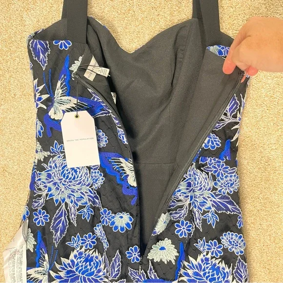 Imperfect NWT Dress the Population embroidered overlay blue floral medium dress - Picture 9 of 17